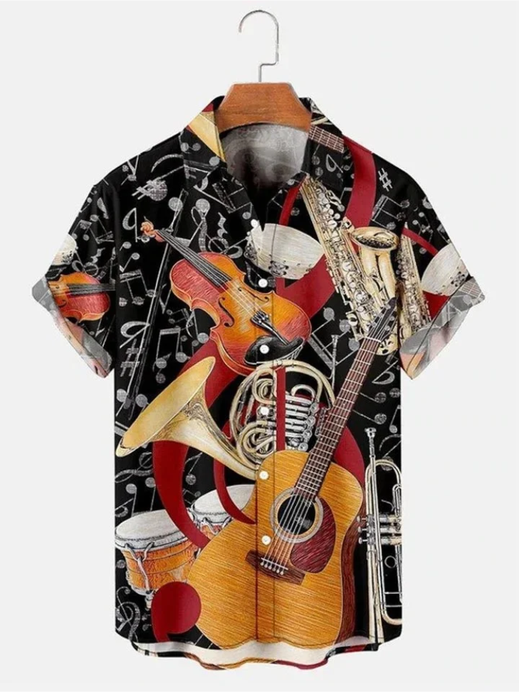 BrosWear Men'S Vintage Casual Musical Instrument Stitching Hawaiian Shirt
