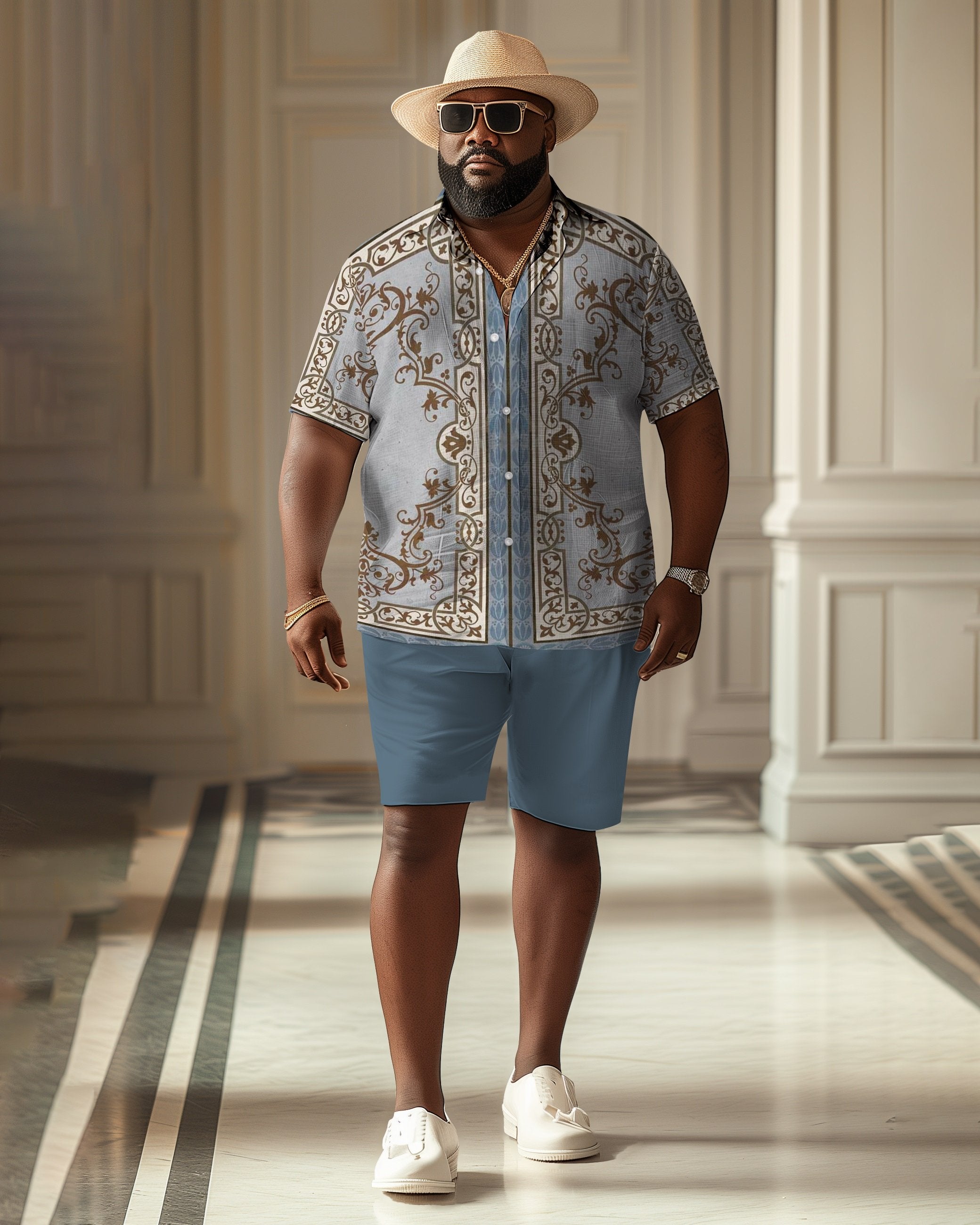 Men's Full Size Printed Short Sleeve Shirt and Shorts Set Plus Size main image 1