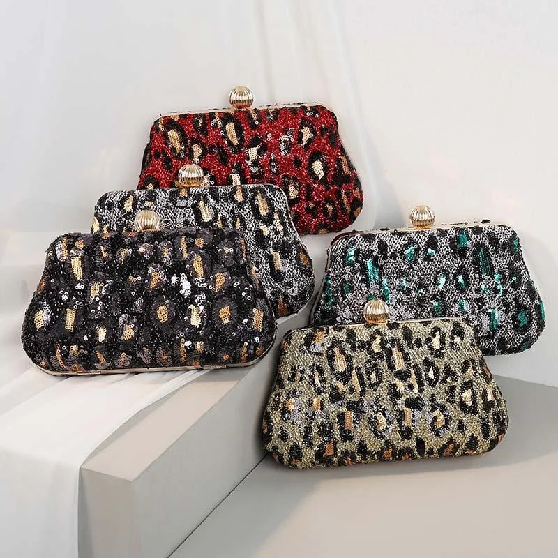 Ladies Embroidered Sequined Leopard Print Evening Bag