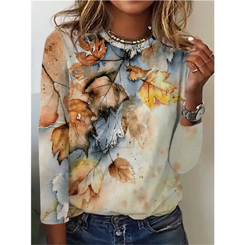 Women's Fashion Printing Loose Round Neck Long-Sleeved Casual T-Shirt