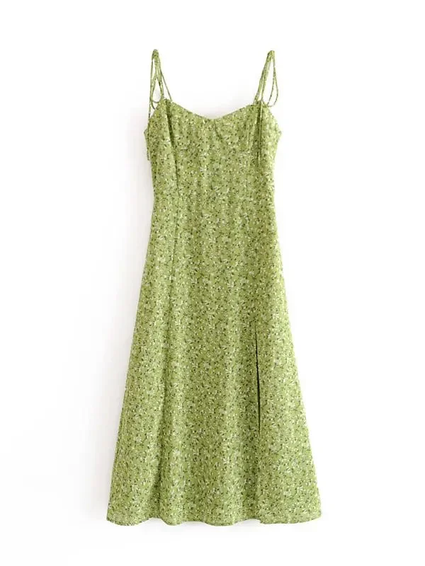 Tlbang Dress 2024 Women Green Floral Print Sling Dress Sundress Female V Neck Sleeveless Hem Slits A-line Chiffon Dress vestido
