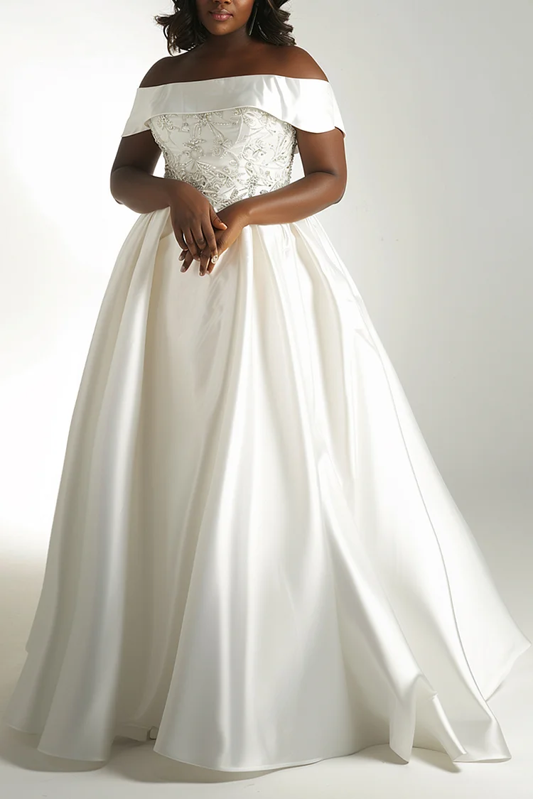 Xpluswear Design Plus Size Wedding White Off The Shoulder Sequin Satin Maxi Dresses [Pre-Order]