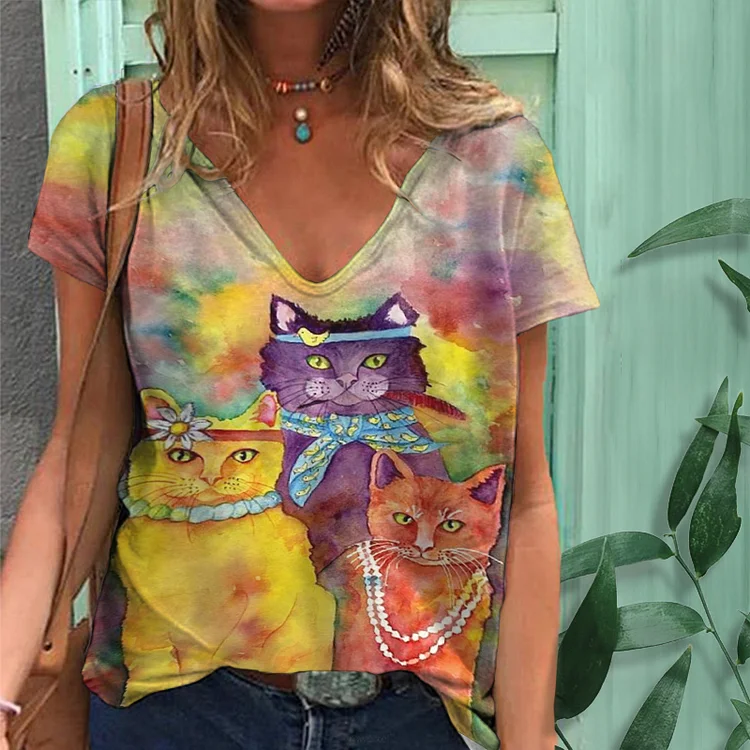 Casual Loose Smudged Cat Print T-Shirt