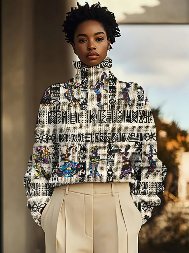 Women's Tribal Art Print High Neck Knit Sweatshirt