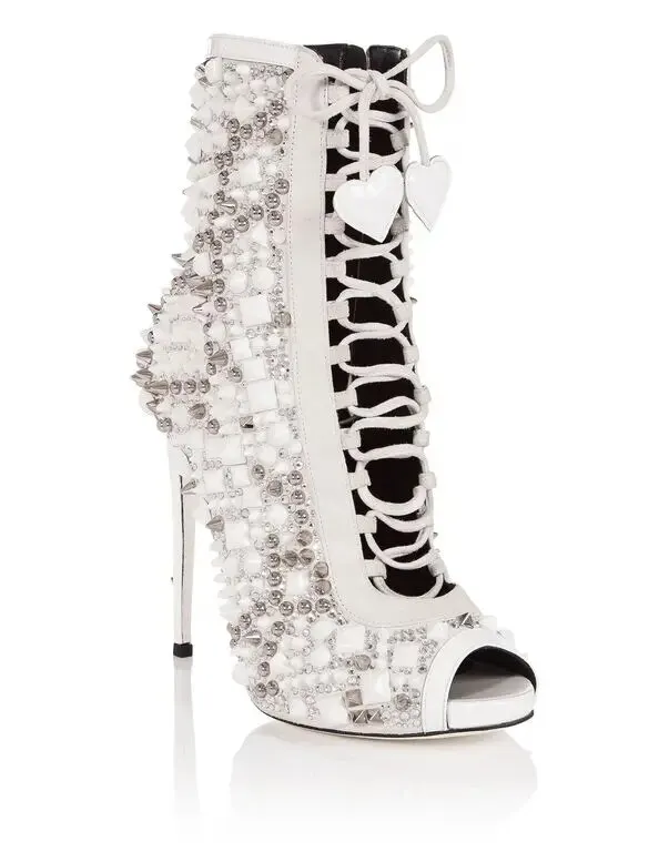 VCSHOES Sandals Heels Women Shoes White Peep Toe Boots Crystal Rivet Female Boots 44