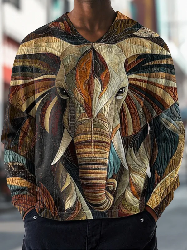 Men's Elephant Pattern Patchwork Art Print V Neck Long Sleeve T-Shirt