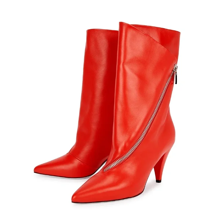 Red Pointed Toe Cone Heel Ankle Booties Vdcoo