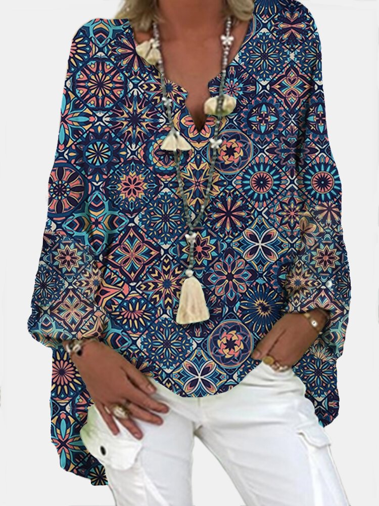 Geometric Printed Long Sleeve V-neck Casual Blosue For Women - BlackFridayBuys