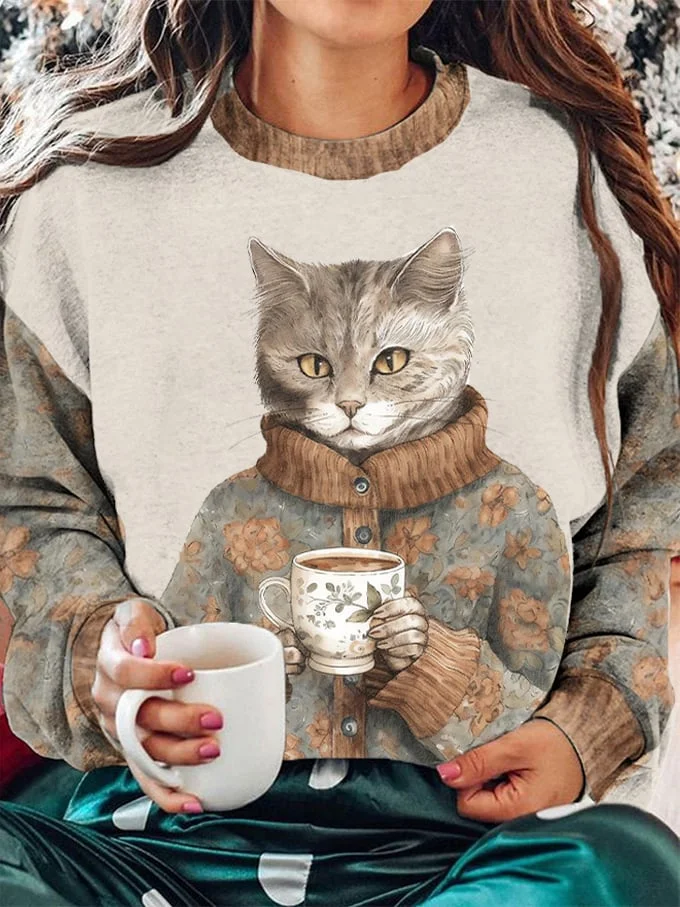 Women's Winter Funny Cute Wonderland Clothing Floral Cat Printed Sweatshirt