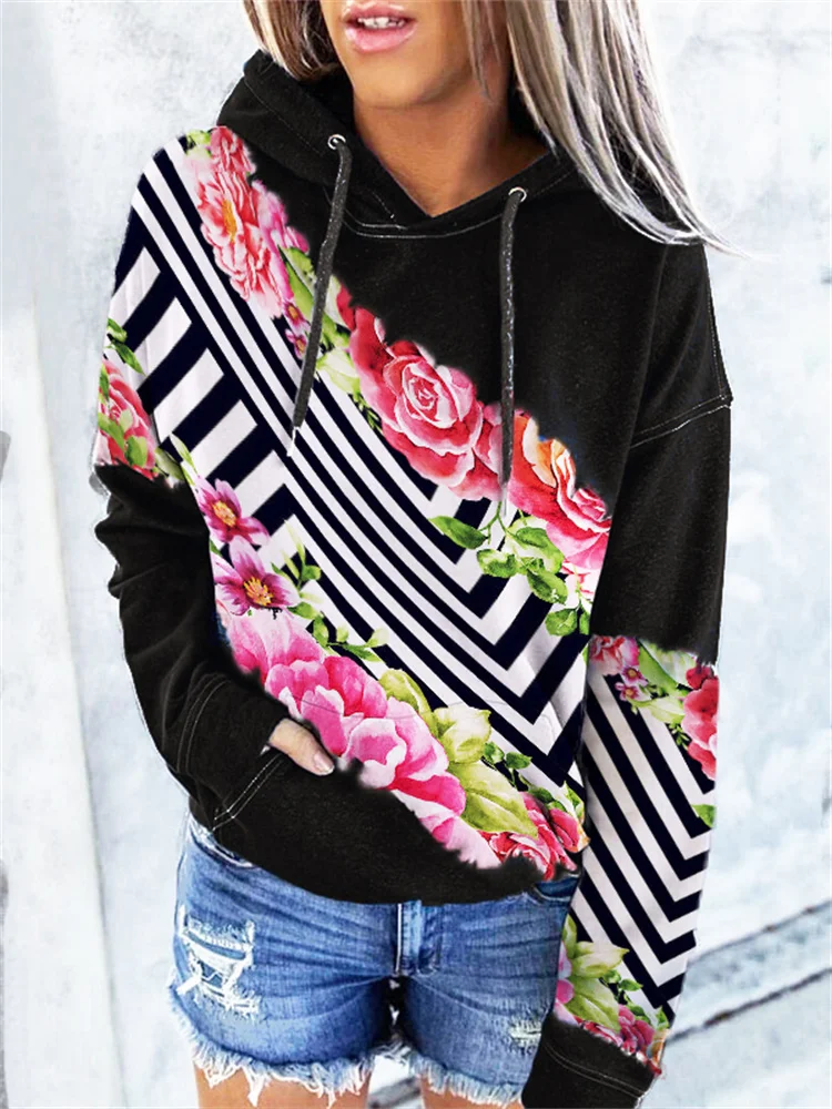 Vefave Vefave Flower Geometric Stripe Art Hoodie