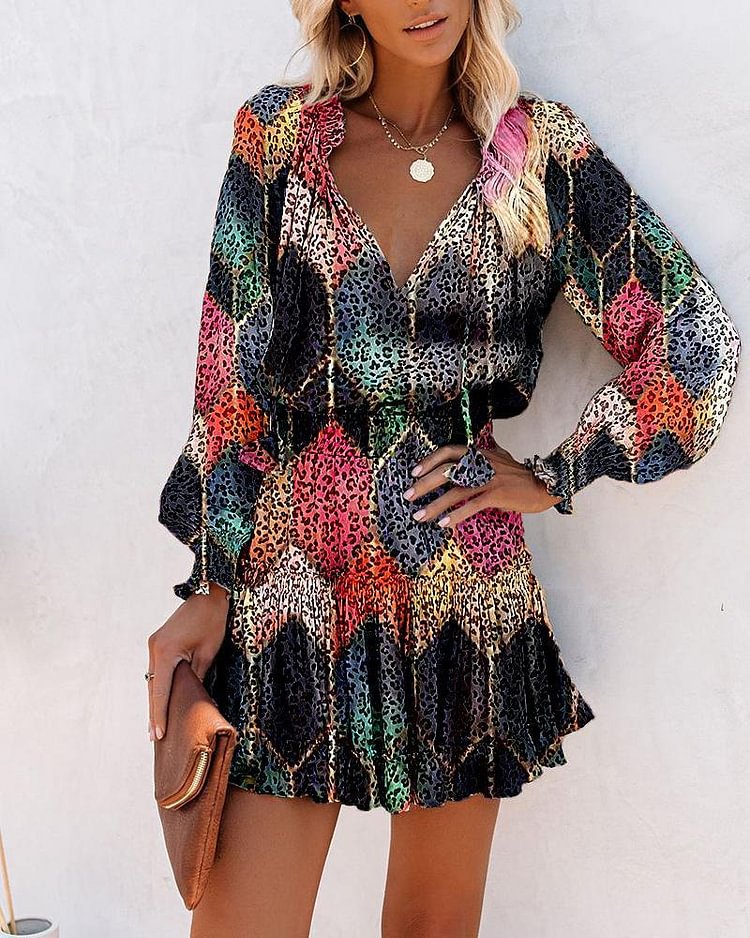 Multicolor Leopard Long Sleeve Skinny Waist Dress - Shop Trendy Women's Clothing | LoverChic