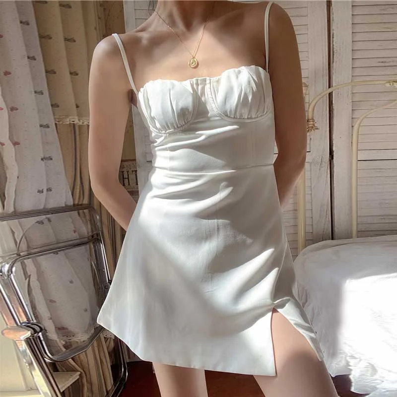 Boho Inspired mini white dress for women straps cute summer dress slit side laides dress  sweet party dress night club 2023