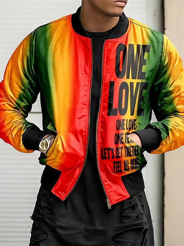 Men's Multicolor One Love One Heart Print Casual Zip Jacket