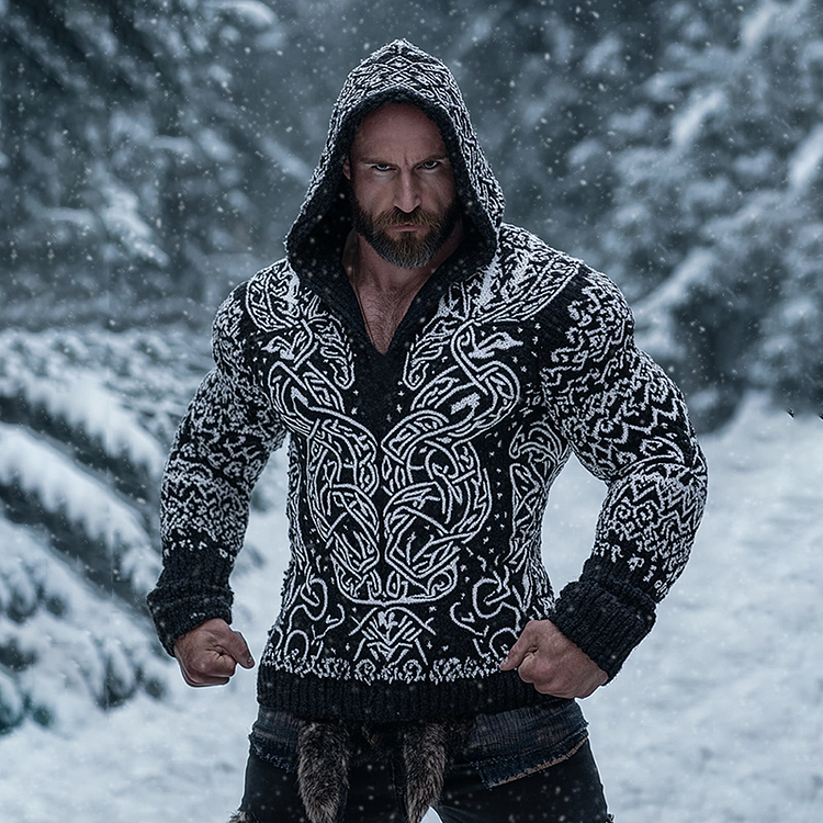 Men's Viking Tribal Wolf Jacquard Celtic Inspired Chunky Knit Hooded Sweater