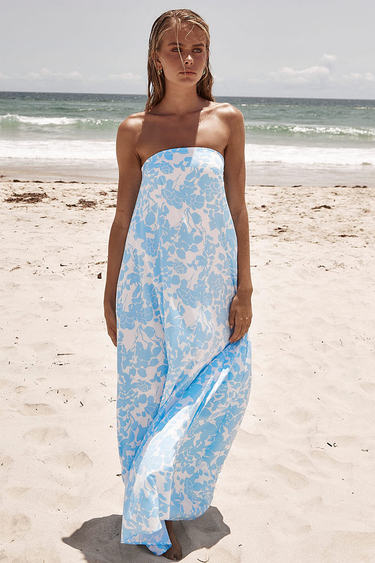 Floral Print Boat Neck Loose Fit Vacation Maxi Tube Dresses-Blue