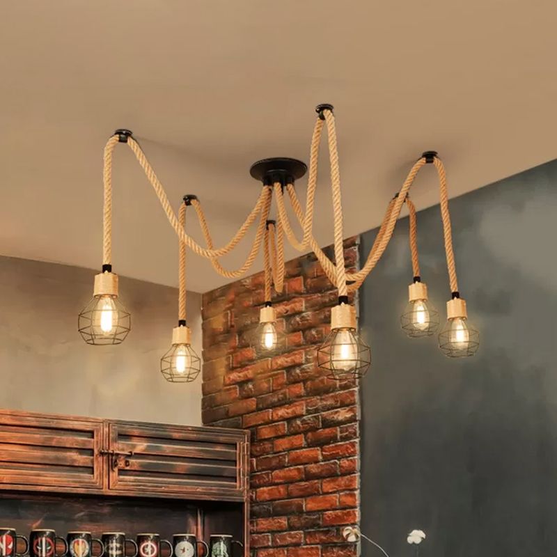 Spherical Cage Rope 6-Lights Brown Pendant Lighting Fixture