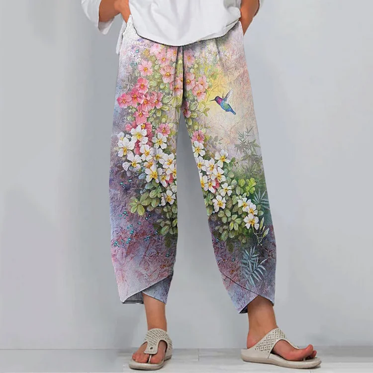 Comstylish Vintage Floral Bird Print Loose Casual Pants