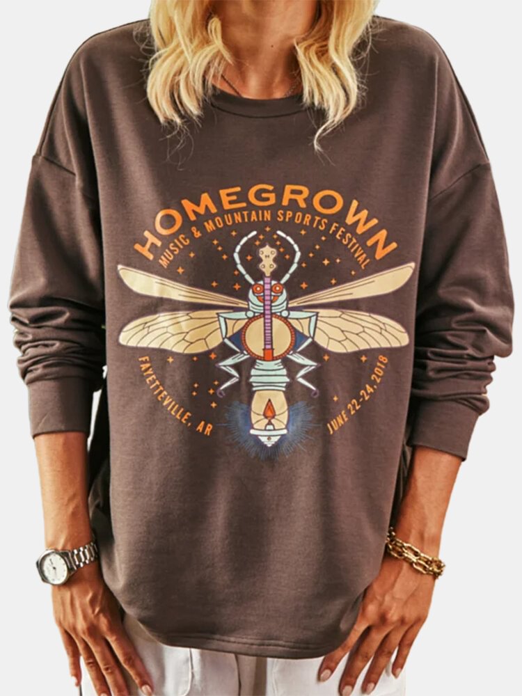 Women Dragonfly Letters Print O neck Long Sleeve Casual T Shirt P1783536