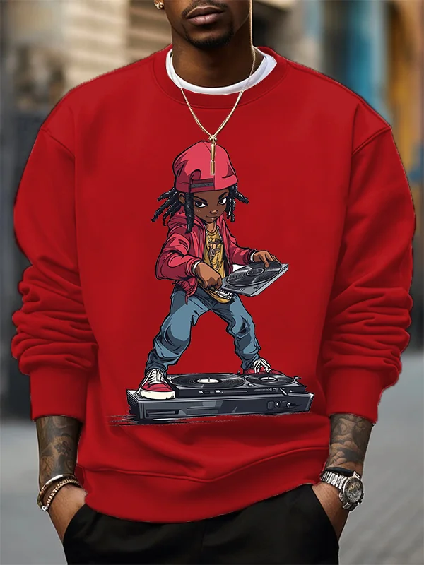 Men's Hip-Hop Black Boy Dj Mixing Graphic Print Cotton Casual Sweatshirt
