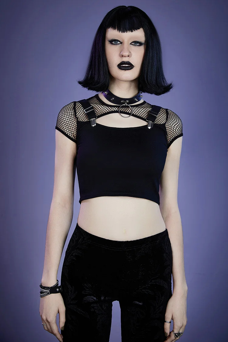 Gothic Black Casual Patchwork Cut Out See-through Buckle Strap Blouse