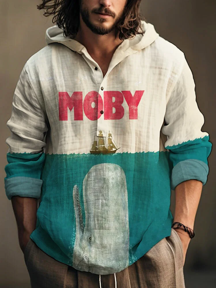 Comstylish Moby Marine Animal Vintage Print Linen Hooded Shirt
