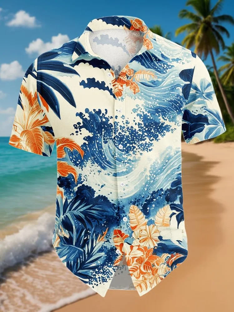 Men's Hawaiian Plants Sea Wave Art Print Short Sleeve Shirt