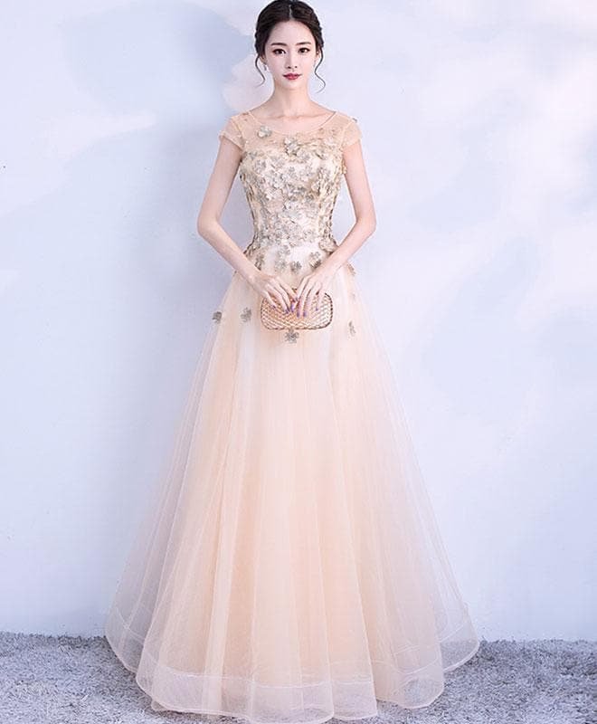 Champagne Lace Long Prom Dress, Champagne Evening Dress