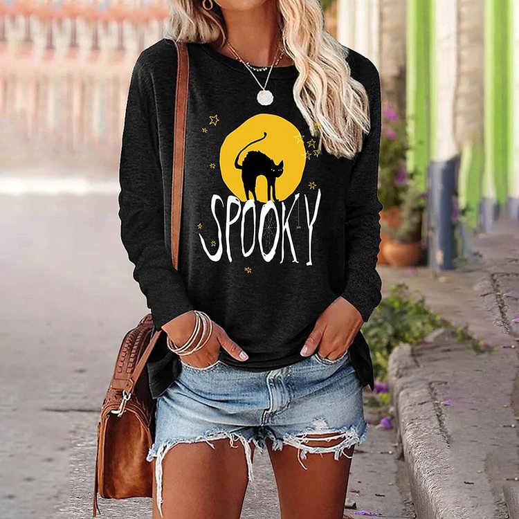 Comstylish Spooky Cat Print Long Sleeve Crew Neck Casual T-Shirt