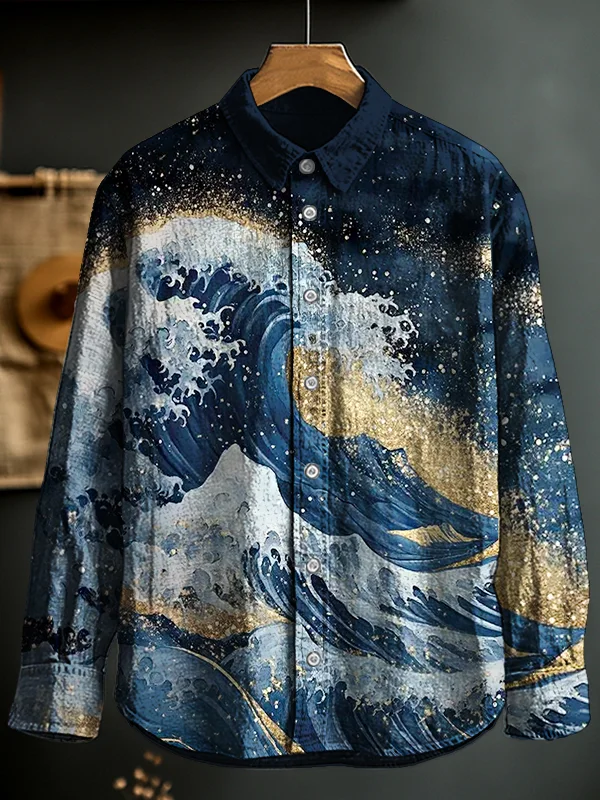 Men's Great Wave Watercolor Print Long Sleeve Shirt