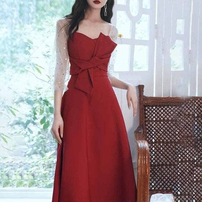 Vintage Mesh Puff Sleeve Red Bowknot Dresses SS1724