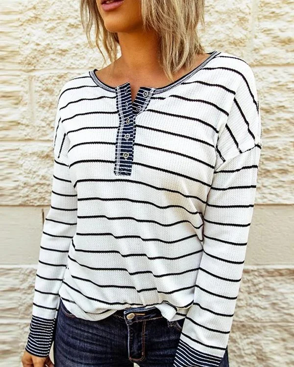 Round Neck Stripes Cotton-Blend Casual Sweatshirt