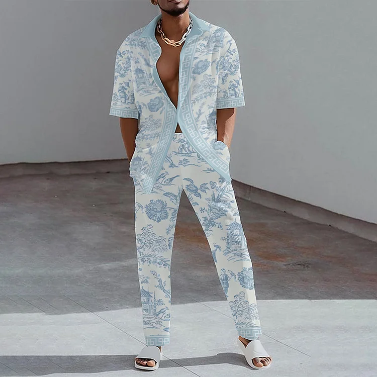 Men's Casual Allover Pattern Short Sleeve Shirts & Pants 2 Pcs Set