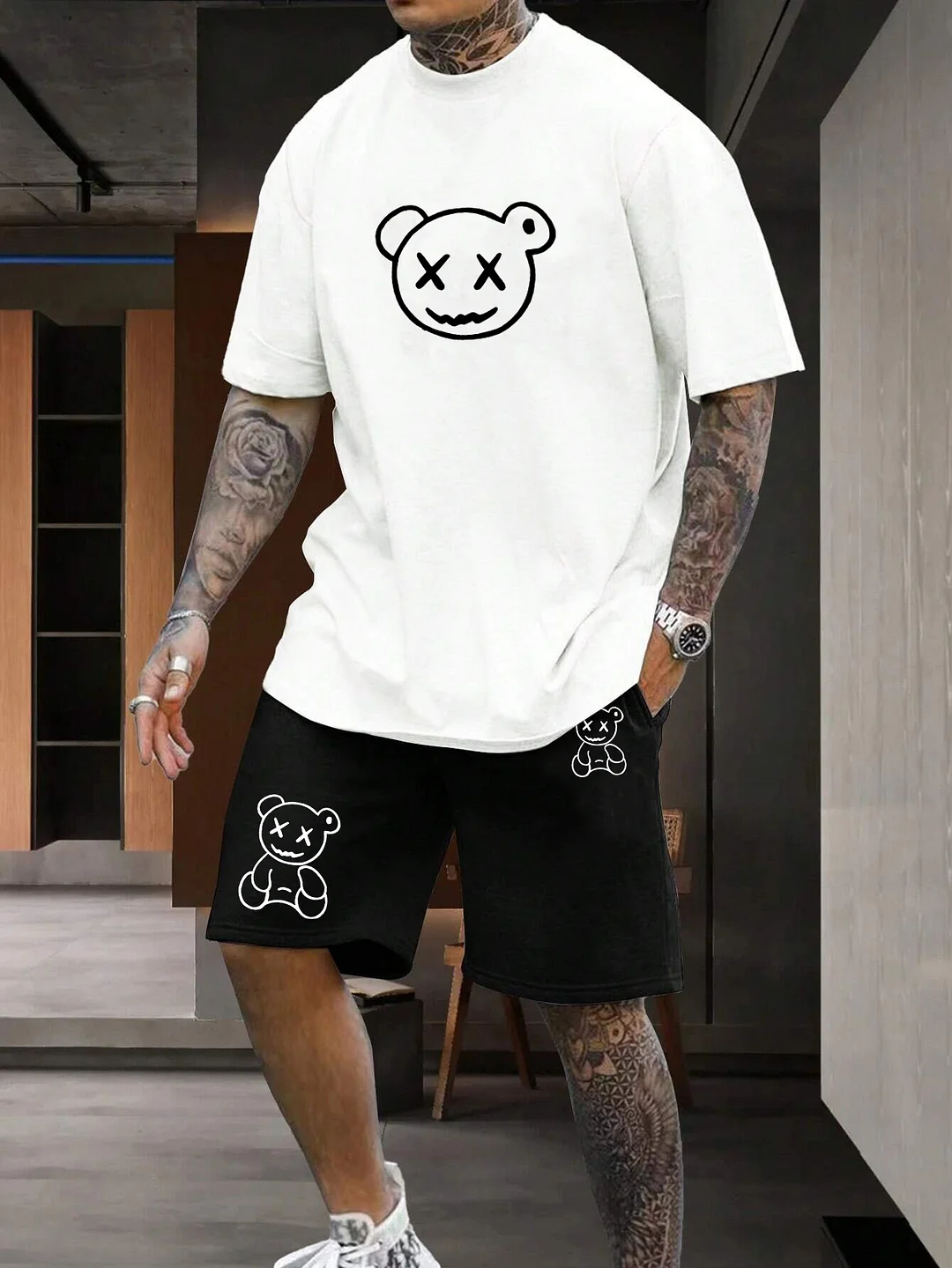 Teddy Bear White T-shirt and Black Shorts Printed Suit