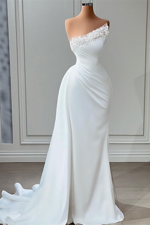 Bellasprom Strapless Satin Wedding Dress Mermaid Long With Pearls Bellasprom