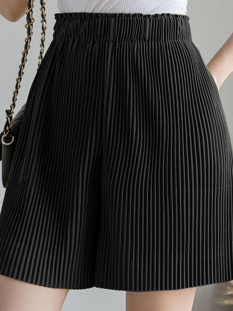 Solid Fold Pleated Pocket Elastic Waist Casual Shorts