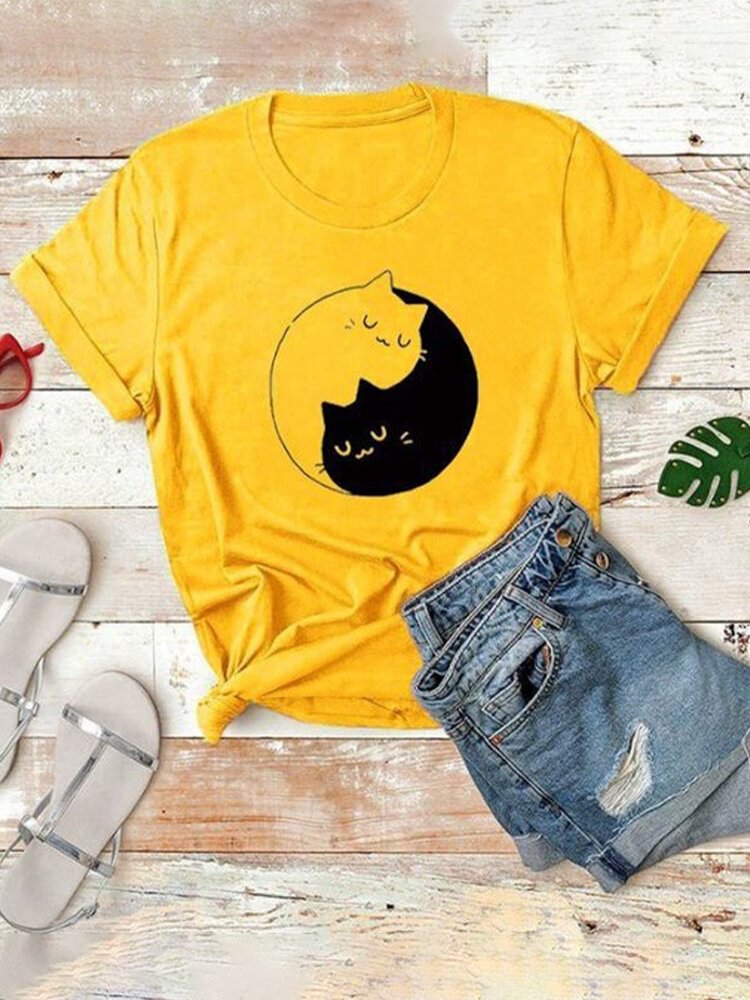 Cartoon Cat Print Short Sleeve O neck Casual T shirt For Women P1706563