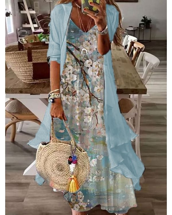 Fake Two Piece Casual V-neck Printed Maxi Dress S-5XL - Chicaggo