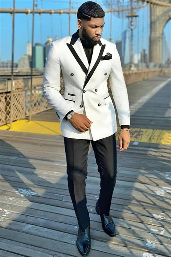Dresseswow White Double Breasted Peaked Lapel Fahsion Wedding Suits