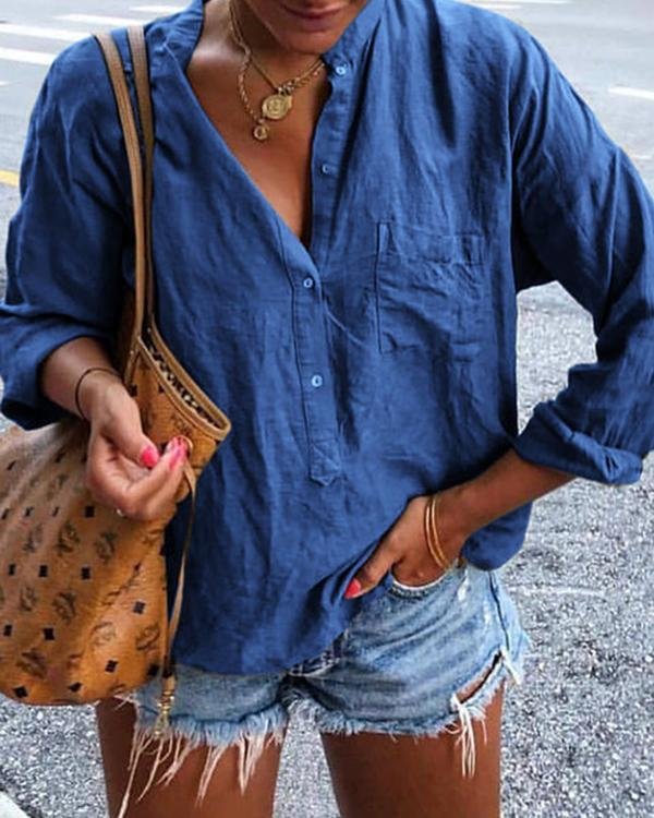 Solid Pockets Long Sleeve Blouses - Chicaggo