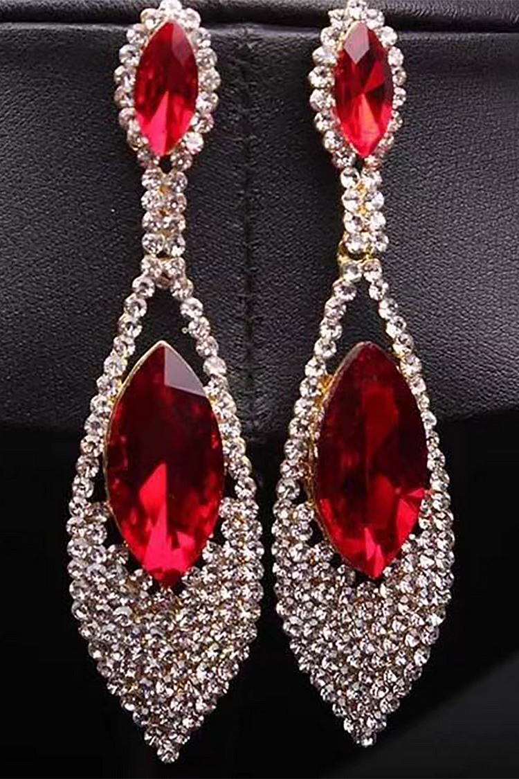 Rhinestone Drop Shaped Luxury Dangle Earrings-Red1