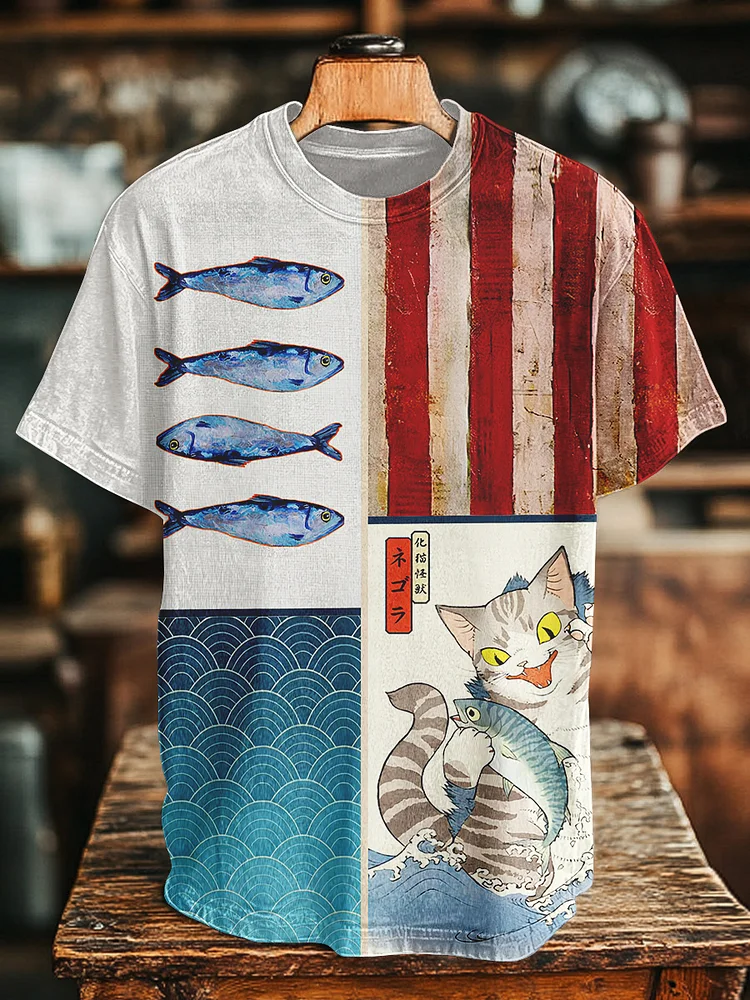 Men's Cat Fish And Flag Art Print T-Shirt