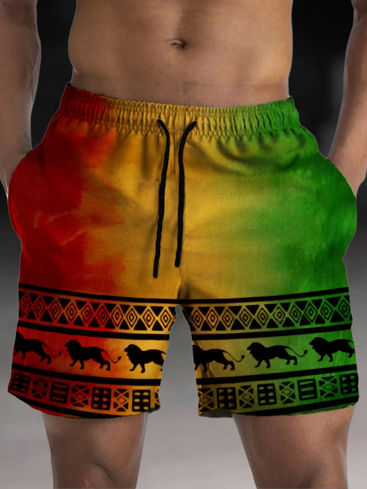 Men's Rasta Gradiant Geometric Hem Beach Shorts
