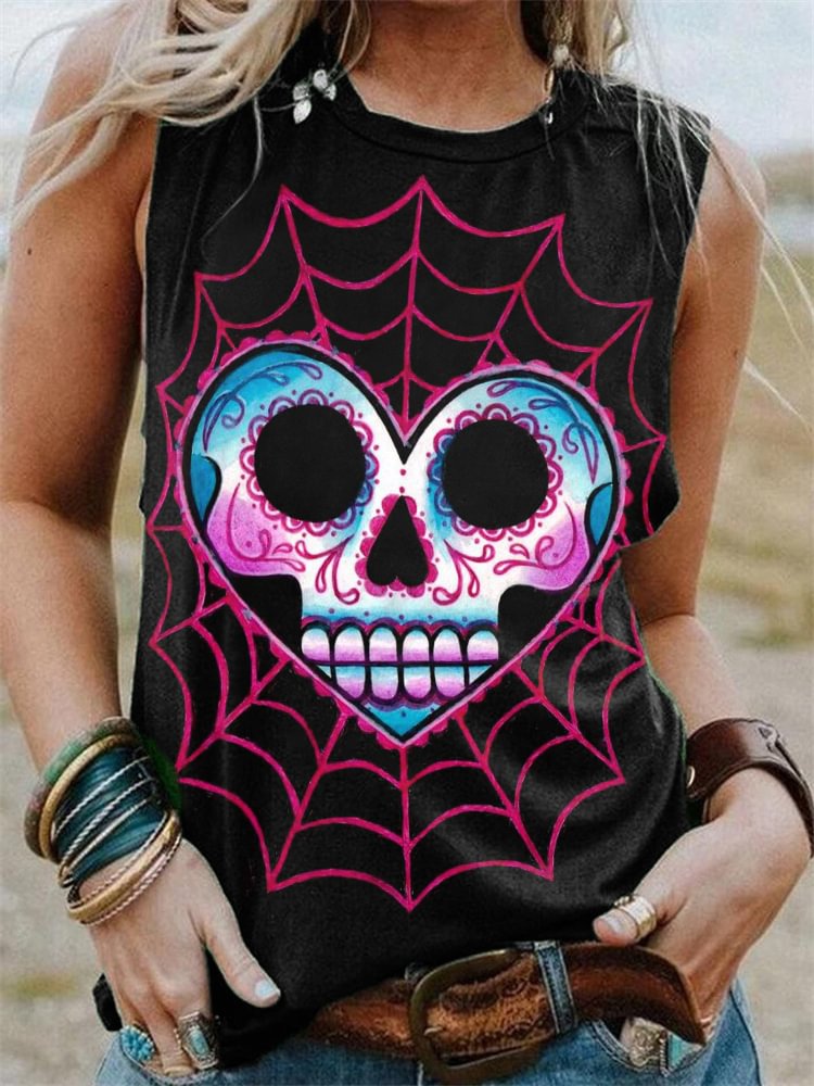 Heart Sugar Skull On Spiderweb Print Tank Top
