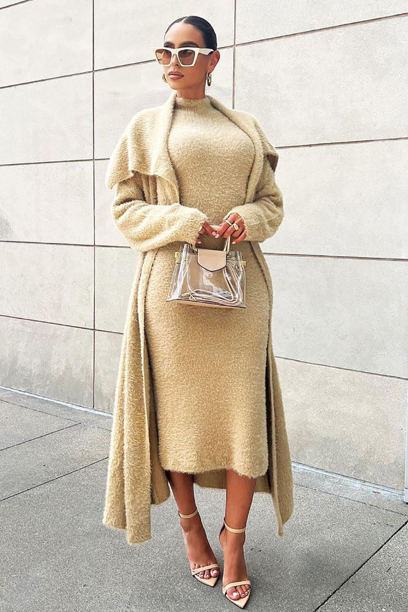 Knit Turndown Plush Cardigan Sleeveless Midi Dress Set