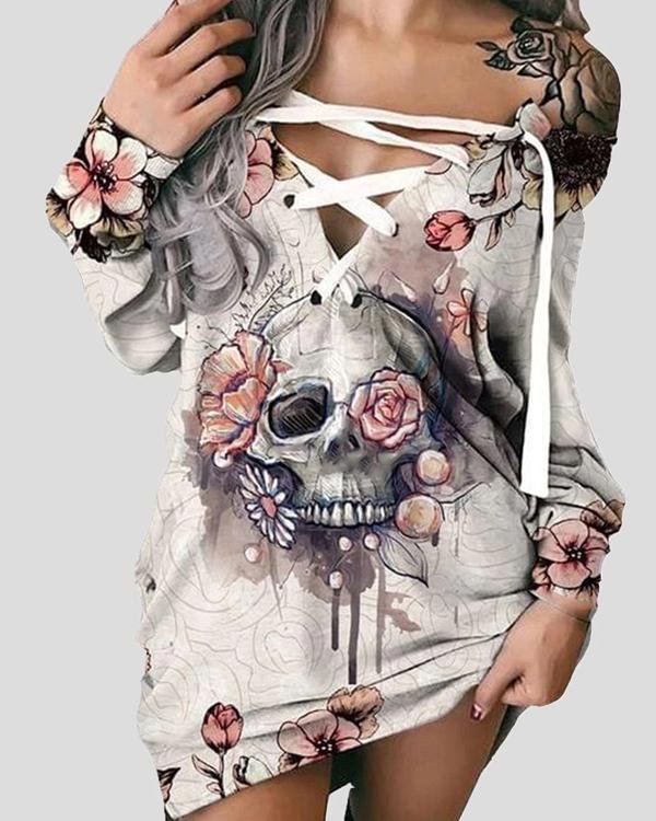 Halloween Off-The-Shoulder Printed Skull Casual Dress - Chicaggo