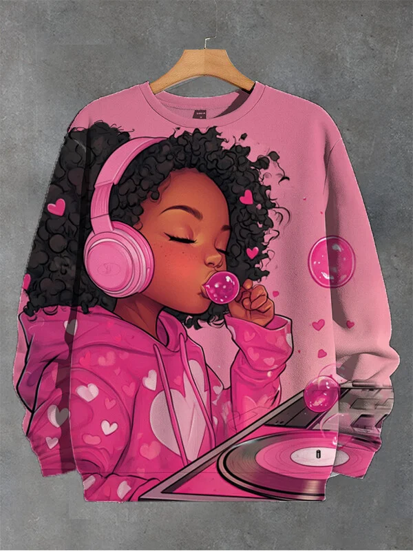 Women's Black Girl Enjoying Music And Bubbles Valentine's Day Atmosphere Art Print Casual Sweatshirt