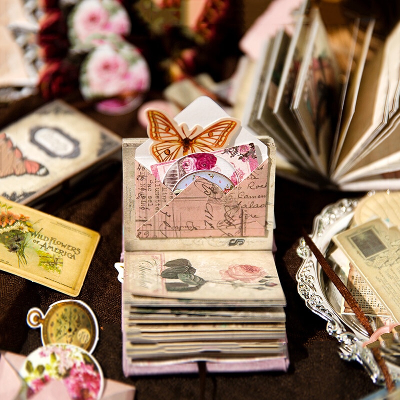 60pcs Vintage Materials Mini Book Butterfly Flower DIY Scrapbooking Diary  Creative Stationery Collage Photo Album Craft Paper