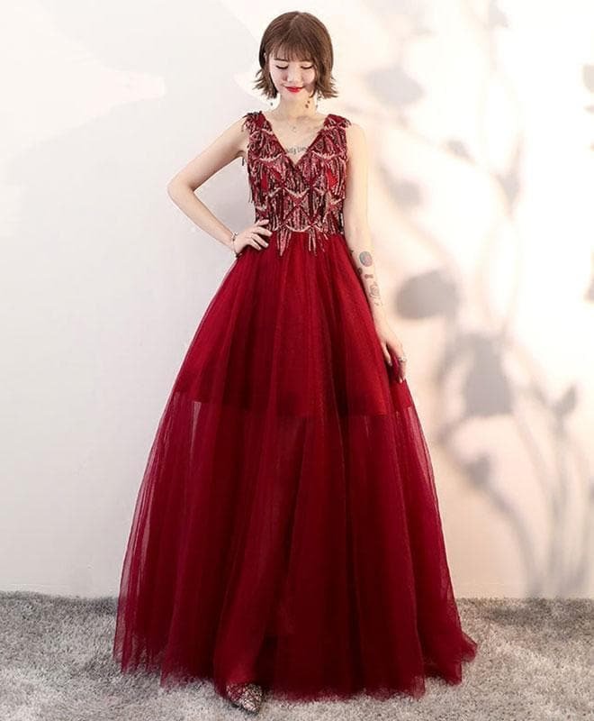Burgundy V Neck Tulle Long Prom Dress, Burgundy Evening Dress