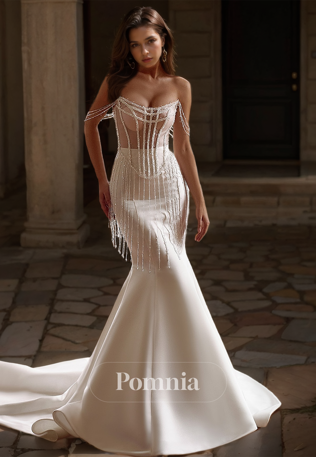 Strapless Corset Tulle Empire-Waist Sweep Train Sequins Satin Mermaid Wedding  Dress