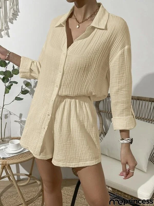 Women Fashion Solid Color Long Sleeve Shirt Loose Shorts Two-Piece Set